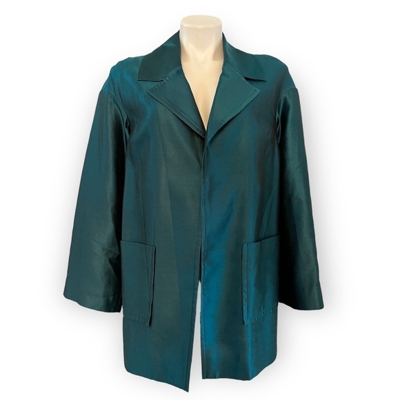 ST. JOHN COUTURE Sharkskin Silk Wool Blend Teal Open Front Jacket Blazer Size 8 - Picture 6 of 10
